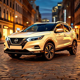 A Nissan Qashqai 2023, featuring a striking white exterior that exudes elegance and sophistication, showcased in a vibrant cityscape at twilight