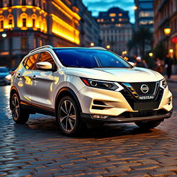 A Nissan Qashqai 2023, featuring a striking white exterior that exudes elegance and sophistication, showcased in a vibrant cityscape at twilight