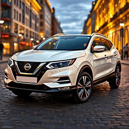 A Nissan Qashqai 2023, featuring a striking white exterior that exudes elegance and sophistication, showcased in a vibrant cityscape at twilight