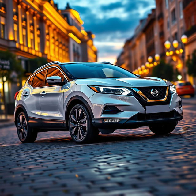 A Nissan Qashqai 2023, featuring a striking white exterior that exudes elegance and sophistication, showcased in a vibrant cityscape at twilight