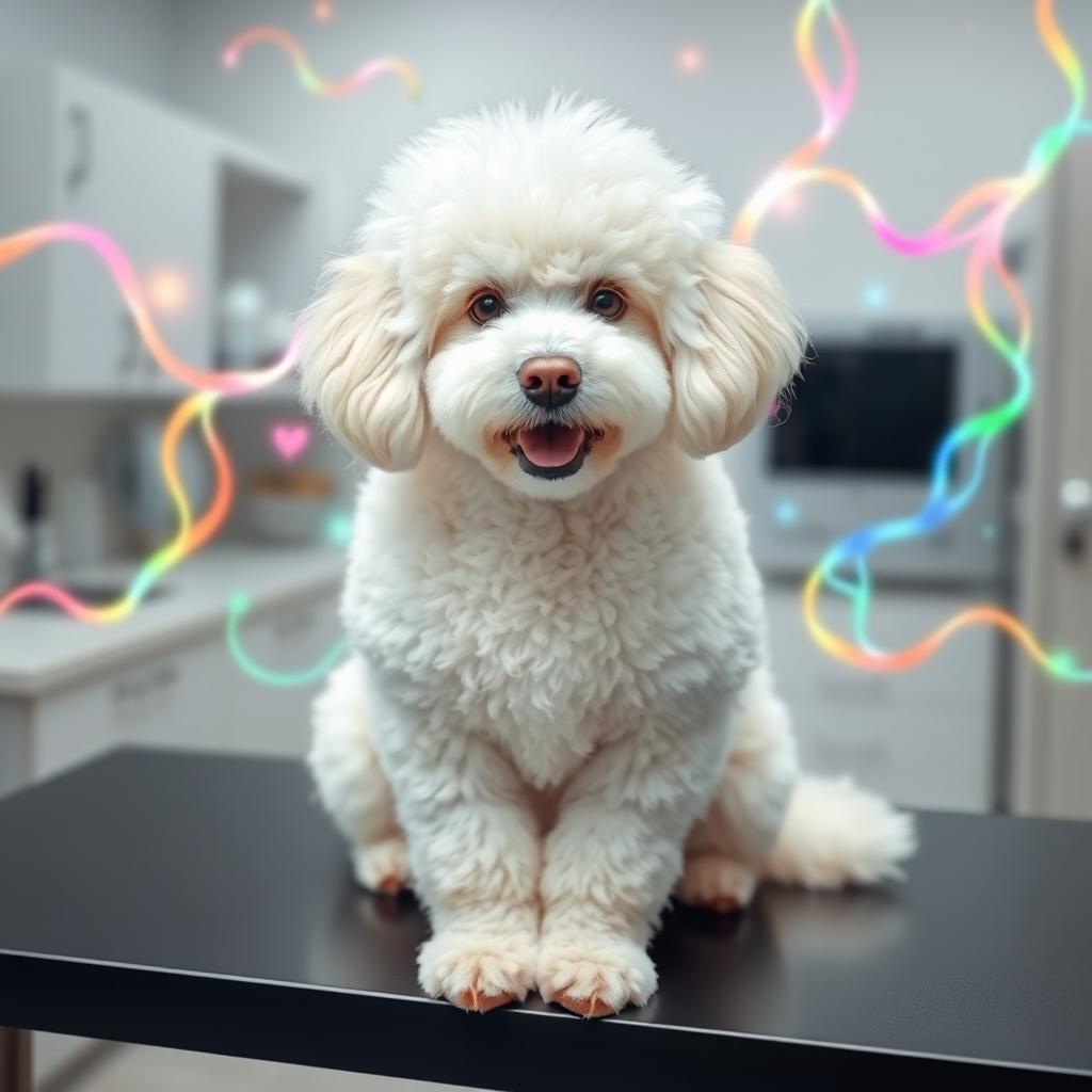 A fluffy white Poodle sitting gracefully on a table in a veterinary clinic