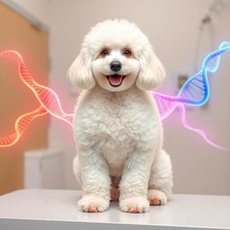 A fluffy white Poodle sitting gracefully on a table in a veterinary clinic