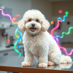 A fluffy white Poodle sitting gracefully on a table in a veterinary clinic