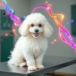 A fluffy white Poodle sitting gracefully on a table in a veterinary clinic