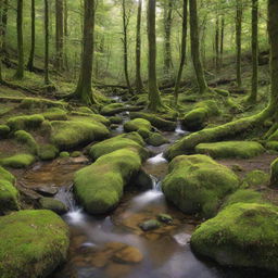 A breathtaking view of a vivid green forest, with sunlight filtering through the canopy, forming bright spots on the mossy ground, and a gentle stream flowing amid the trees.