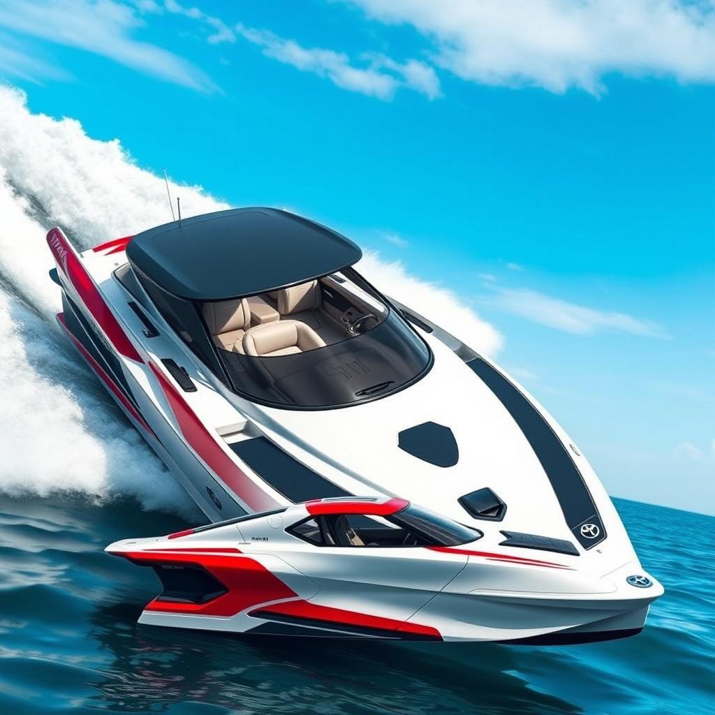 An innovative design of a Toyota Supra MK4 transformed into a stylish and high-performance boat