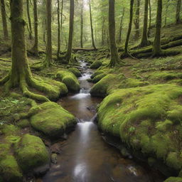 A breathtaking view of a vivid green forest, with sunlight filtering through the canopy, forming bright spots on the mossy ground, and a gentle stream flowing amid the trees.