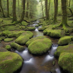 A breathtaking view of a vivid green forest, with sunlight filtering through the canopy, forming bright spots on the mossy ground, and a gentle stream flowing amid the trees.