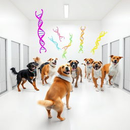 A lively scene inside a dog kennel, featuring several playful dogs of various breeds happily interacting with one another