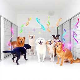 A lively scene inside a dog kennel, featuring several playful dogs of various breeds happily interacting with one another