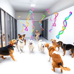 A lively scene inside a dog kennel, featuring several playful dogs of various breeds happily interacting with one another