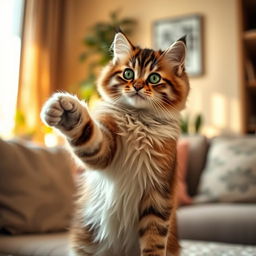 A cute, fluffy cat sitting upright on its hind legs, its front paw raised and pointing toward something off-camera