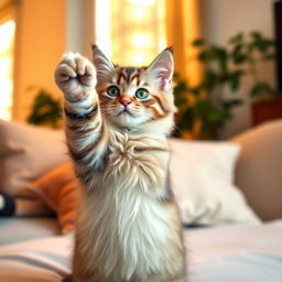 A cute, fluffy cat sitting upright on its hind legs, its front paw raised and pointing toward something off-camera