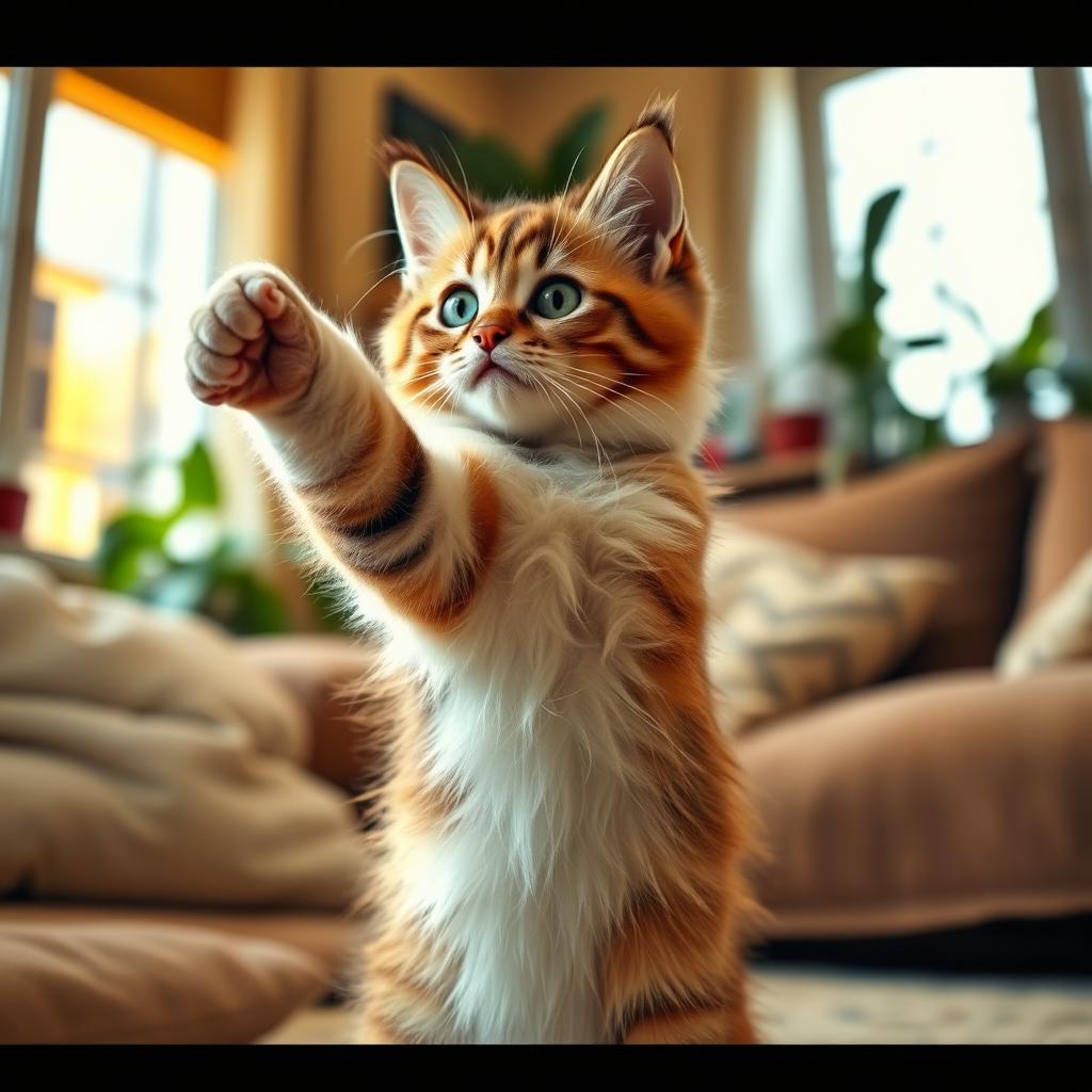 A cute, fluffy cat sitting upright on its hind legs, its front paw raised and pointing toward something off-camera