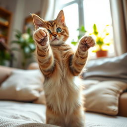 A cute, fluffy cat sitting upright on its hind legs, its front paw raised and pointing toward something off-camera