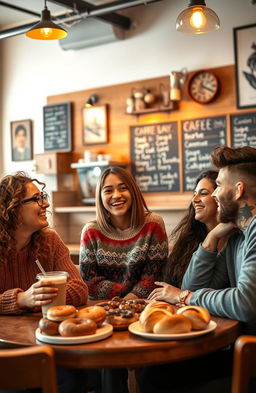 A heartwarming scene depicting a diverse group of friends gathered in a cozy cafe, laughing and enjoying each other's company