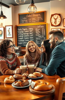 A heartwarming scene depicting a diverse group of friends gathered in a cozy cafe, laughing and enjoying each other's company