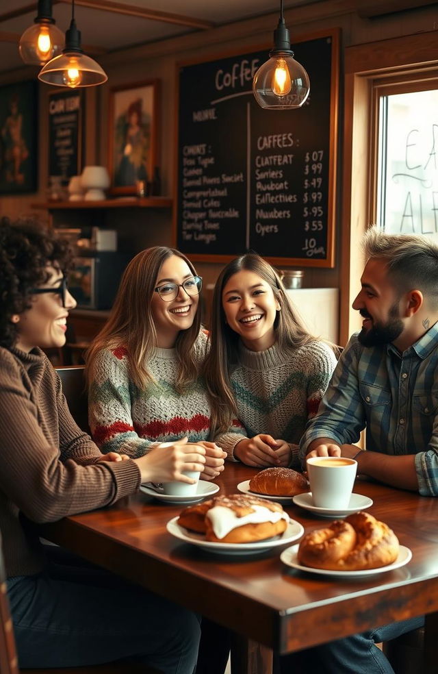 A heartwarming scene depicting a diverse group of friends gathered in a cozy cafe, laughing and enjoying each other's company