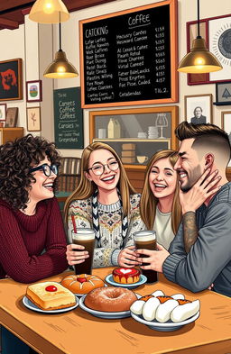 A heartwarming scene depicting a diverse group of friends gathered in a cozy cafe, laughing and enjoying each other's company