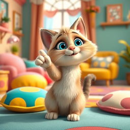 A whimsical, animated scene featuring a cute, fluffy cartoon cat sitting upright on its hind legs