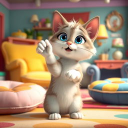 A whimsical, animated scene featuring a cute, fluffy cartoon cat sitting upright on its hind legs