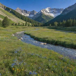 A stunning panorama of unspoiled nature: lush mountains under a clear blue sky, an open meadow carpeted with wildflowers, and a crystal-clear river gently flowing in the foreground.