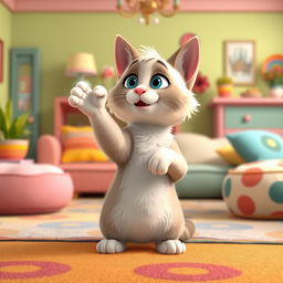 A whimsical, animated scene featuring a cute, fluffy cartoon cat sitting upright on its hind legs