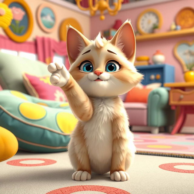 A whimsical, animated scene featuring a cute, fluffy cartoon cat sitting upright on its hind legs