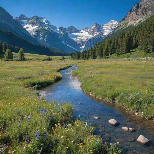 A stunning panorama of unspoiled nature: lush mountains under a clear blue sky, an open meadow carpeted with wildflowers, and a crystal-clear river gently flowing in the foreground.