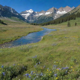 A stunning panorama of unspoiled nature: lush mountains under a clear blue sky, an open meadow carpeted with wildflowers, and a crystal-clear river gently flowing in the foreground.