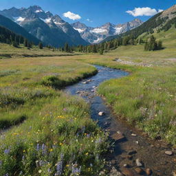 A stunning panorama of unspoiled nature: lush mountains under a clear blue sky, an open meadow carpeted with wildflowers, and a crystal-clear river gently flowing in the foreground.