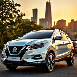 A sleek Nissan Qashqai 2023, showcasing a striking white exterior that exudes elegance and sophistication, parked against a backdrop of a modern city skyline during sunset