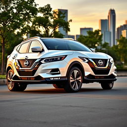 A sleek Nissan Qashqai 2023, showcasing a striking white exterior that exudes elegance and sophistication, parked against a backdrop of a modern city skyline during sunset