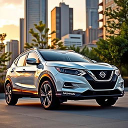 A sleek Nissan Qashqai 2023, showcasing a striking white exterior that exudes elegance and sophistication, parked against a backdrop of a modern city skyline during sunset