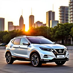 A sleek Nissan Qashqai 2023, showcasing a striking white exterior that exudes elegance and sophistication, parked against a backdrop of a modern city skyline during sunset