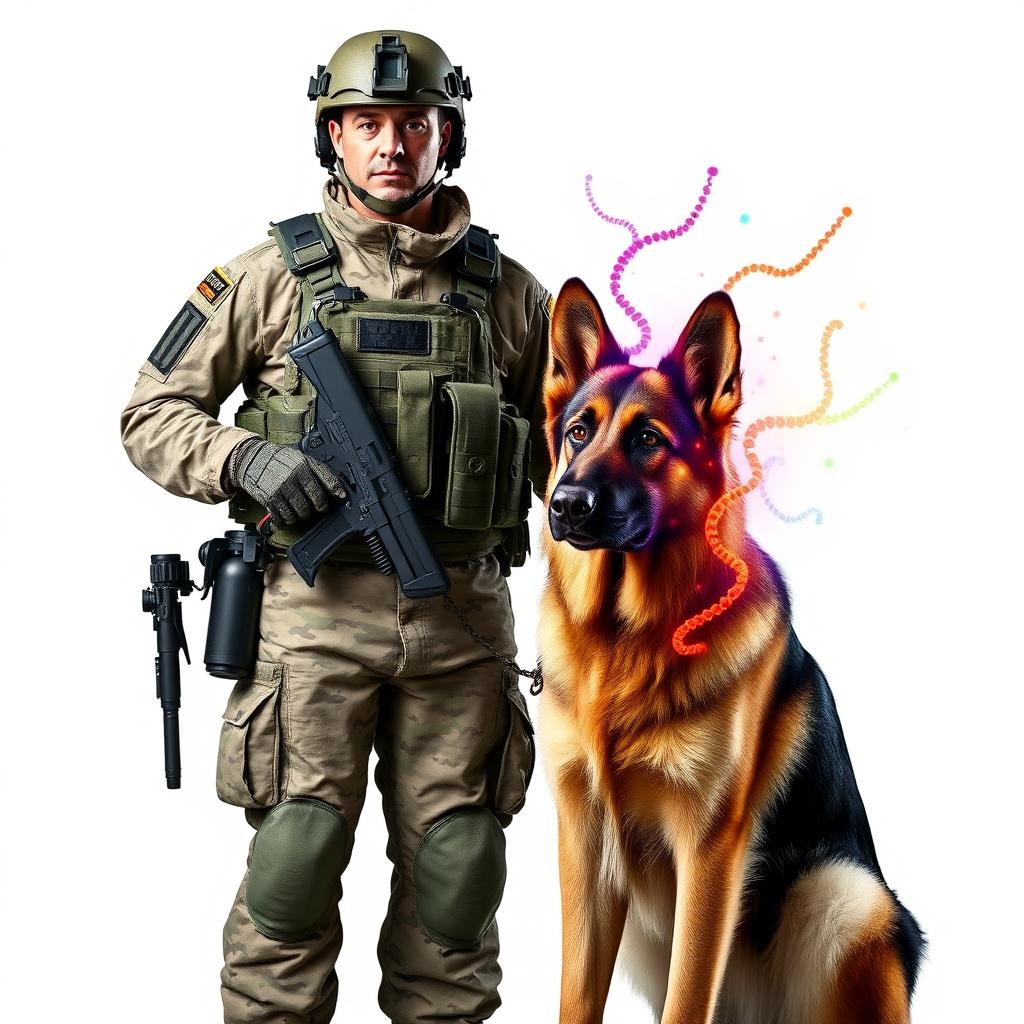 A soldier from the K9 unit standing proudly beside a German Shepherd, both displaying a strong and loyal demeanor