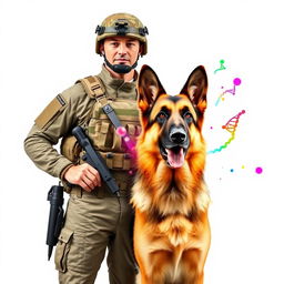 A soldier from the K9 unit standing proudly beside a German Shepherd, both displaying a strong and loyal demeanor