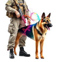 A soldier from the K9 unit standing proudly beside a German Shepherd, both displaying a strong and loyal demeanor