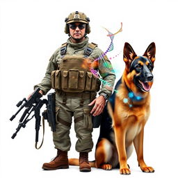 A soldier from the K9 unit standing proudly beside a German Shepherd, both displaying a strong and loyal demeanor