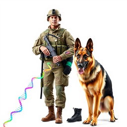 A soldier from the K9 unit standing proudly next to a German Shepherd, capturing a strong sense of loyalty and teamwork