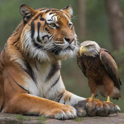 A majestic tiger gently holding a proud eagle within its massive paw, featuring vibrant and distinctive colors.