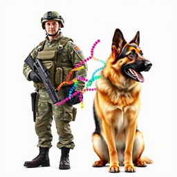 A soldier from the K9 unit standing proudly next to a German Shepherd, capturing a strong sense of loyalty and teamwork