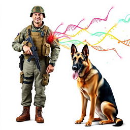 A soldier from the K9 unit standing proudly next to a German Shepherd, capturing a strong sense of loyalty and teamwork