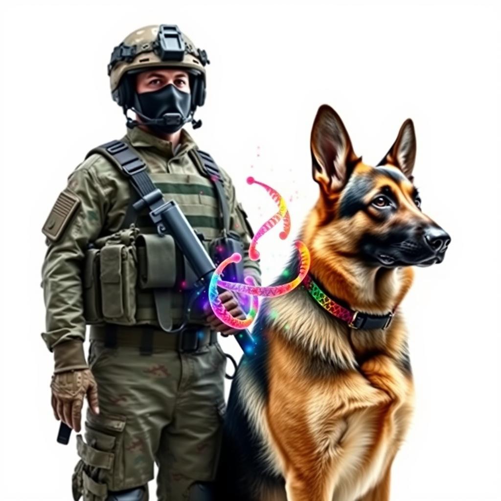 A soldier from the K9 unit standing proudly next to a German Shepherd, capturing a strong sense of loyalty and teamwork