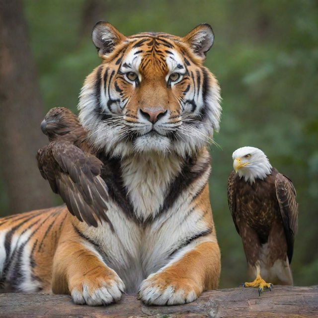 A majestic tiger gently holding a proud eagle within its massive paw, featuring vibrant and distinctive colors.