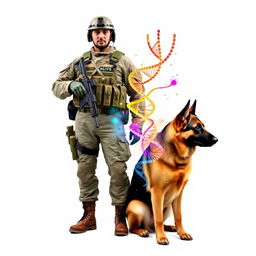 A soldier from the K9 unit standing proudly beside a German Shepherd, both exuding a strong sense of loyalty and teamwork