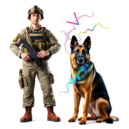 A soldier from the K9 unit standing proudly beside a German Shepherd, both exuding a strong sense of loyalty and teamwork