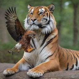 A majestic tiger gently holding a proud eagle within its massive paw, featuring vibrant and distinctive colors.