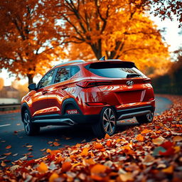 A sleek red Hyundai Tucson 2022 captured at a dynamic angle from the rear, showcasing the modern design features of the car