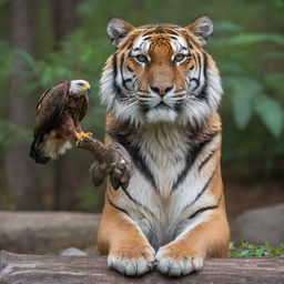 A majestic tiger gently holding a proud eagle within its massive paw, featuring vibrant and distinctive colors.